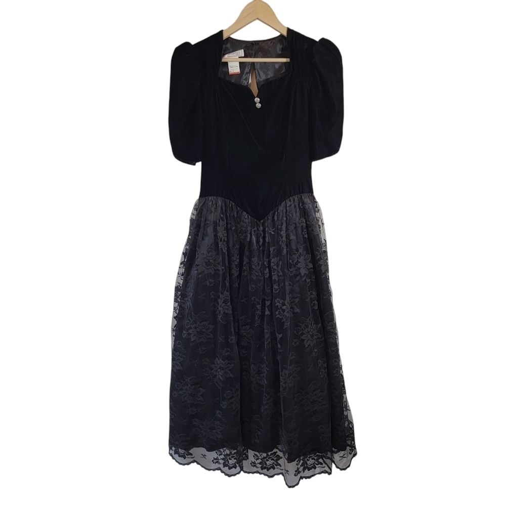 VTG Scott McClintock  Black Velvet Lace Floral Prom Dress Sz 8 Whimsygoth Grunge